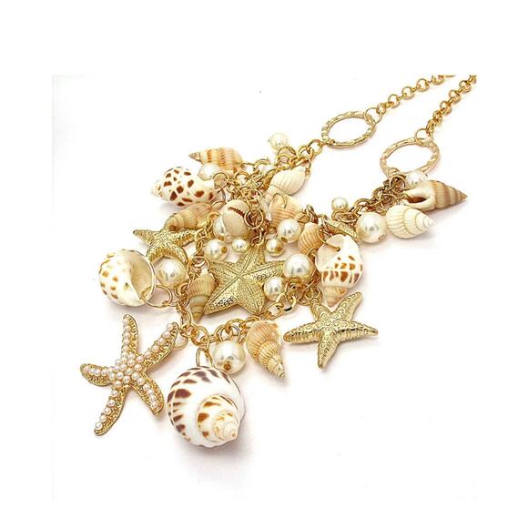 Chunky Gold Shell Charm Necklace Starfish Pearls Statement Coastal Jewelry NWT - Picture 2 of 3